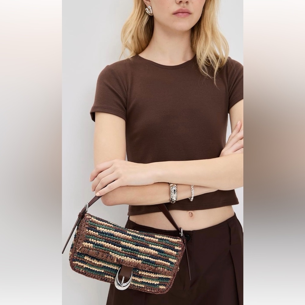 Staud Harlow Woven Multicolor Shoulder Bag with Brown Trim & Silver Buckle NWT - Picture 9 of 16